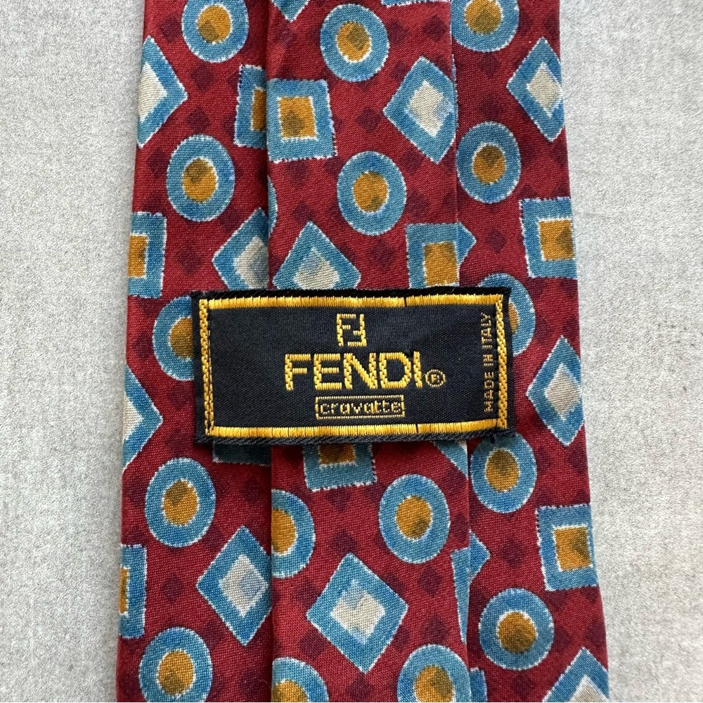FENDI Vintage Red Tie with Blue and Gold Geometric Design
